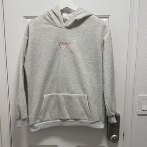 Gray Hoodie with Pink Bow Embroidery